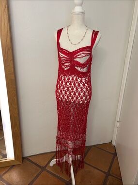 OHS Red Crochet Fringe Maxi Dress - Sleeveless Beach & Evening Cover-Up
